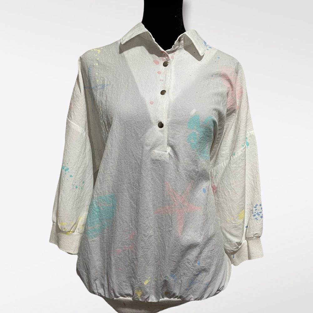 Vintage Catalina White Shacket Blouse Size Large Retro Coastal ArtTo Wear Bomber